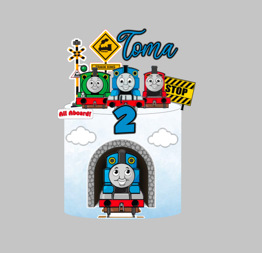 Tomica i prijatelji set topera za tortu: papirnati toper s imenom i brojem 2, vlakići Tomica, Percy i James, tunel i znak STOP