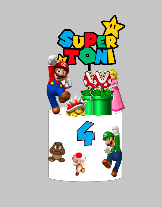 Super Mario set 2: papirnati toper za tortu s imenom i brojem 4, Mario, Luigi, princeza Peach, Toad i Goomba