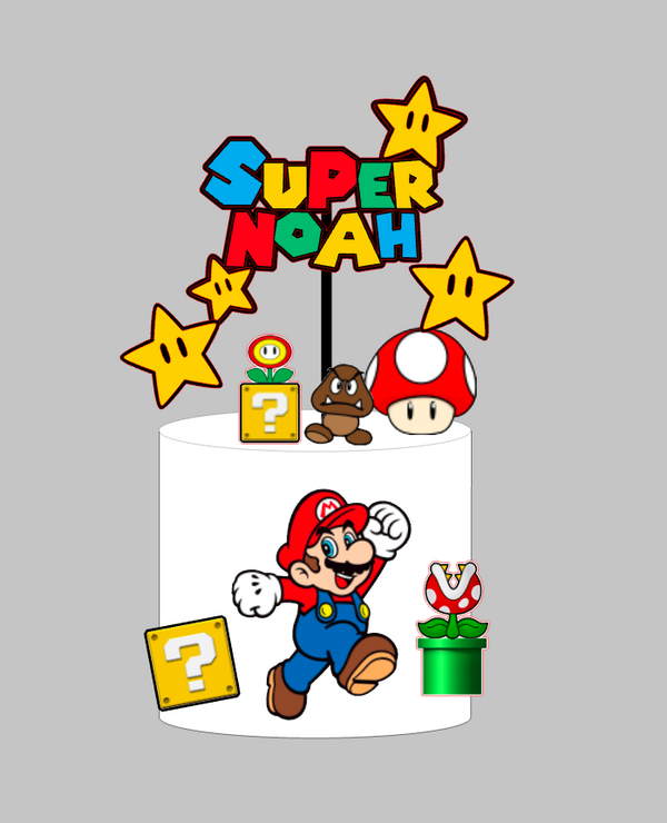 Super Mario set 1: papirnati toper za tortu s imenom, Mario, žute zvjezdice, upitni blok, Goomba i biljka piranja