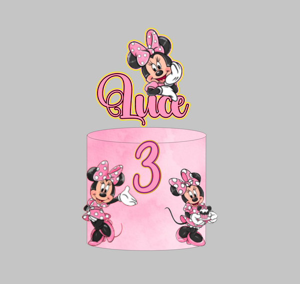 Minnie Mouse set 1: papirnati toper za tortu s imenom i brojem 3, Minnie u ružičastoj haljini s točkicama