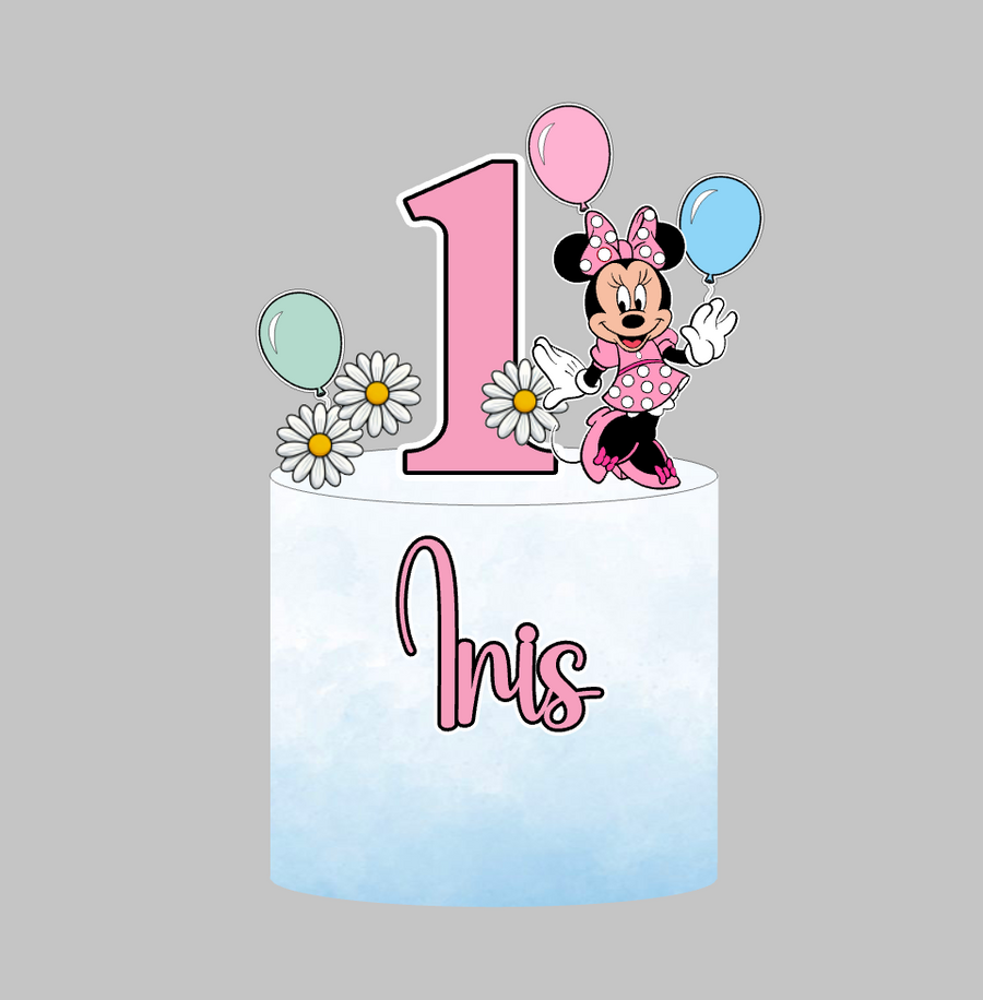 Minnie Mouse set 3: papirnati toper za tortu s imenom i brojem 1, Minnie s balonima i tratinčicama