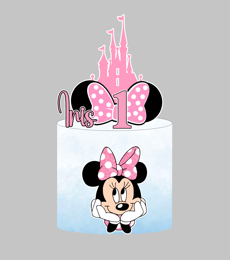 Minnie Mouse set 2: papirnati toper za tortu s imenom i brojem 1, ružičasti dvorac, Minnie s mašnom i ušima