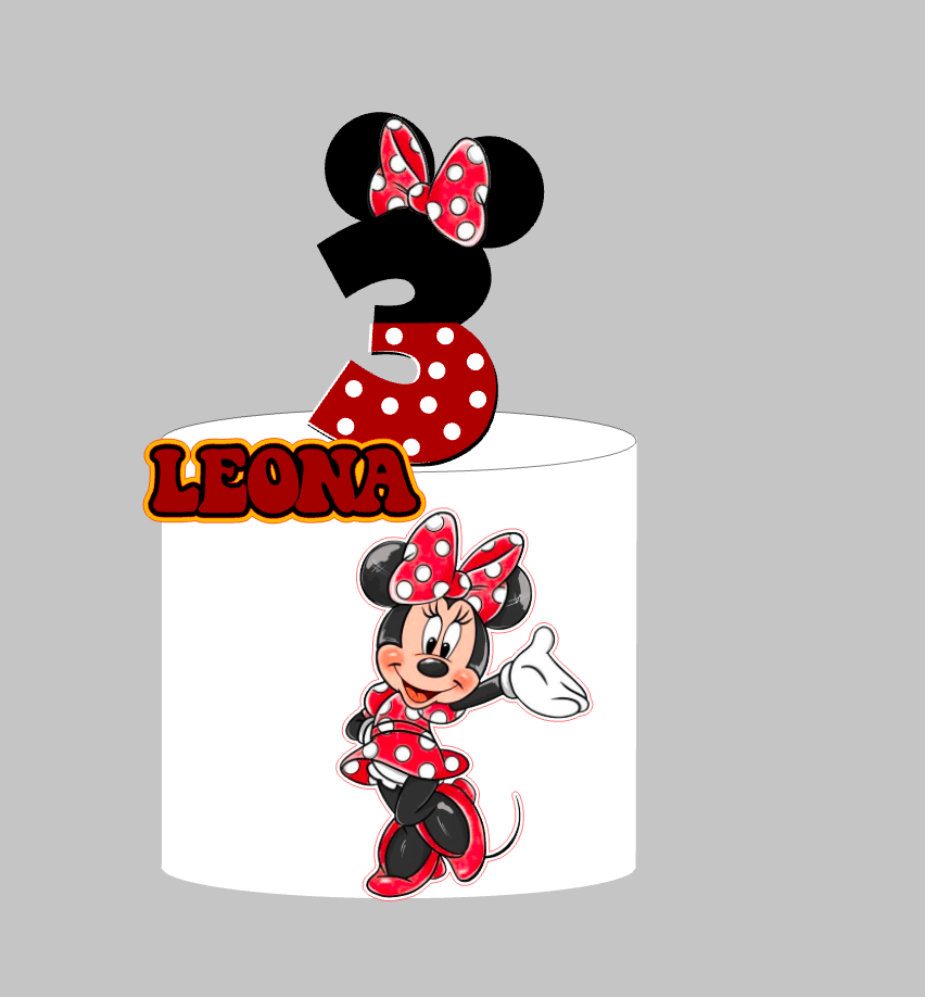 Minnie Mouse set 5: papirnati toper za tortu s imenom i brojem 3, crvena Minnie s točkicama i crna mašna
