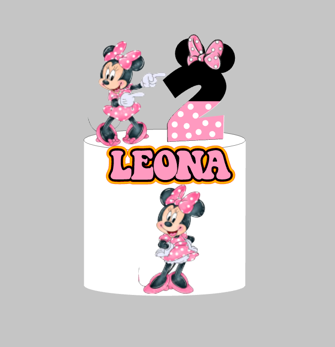 Minnie Mouse set 4: papirnati toper za tortu s imenom i brojem 2 u uzorku s točkicama i Minnie u ružičastoj haljini