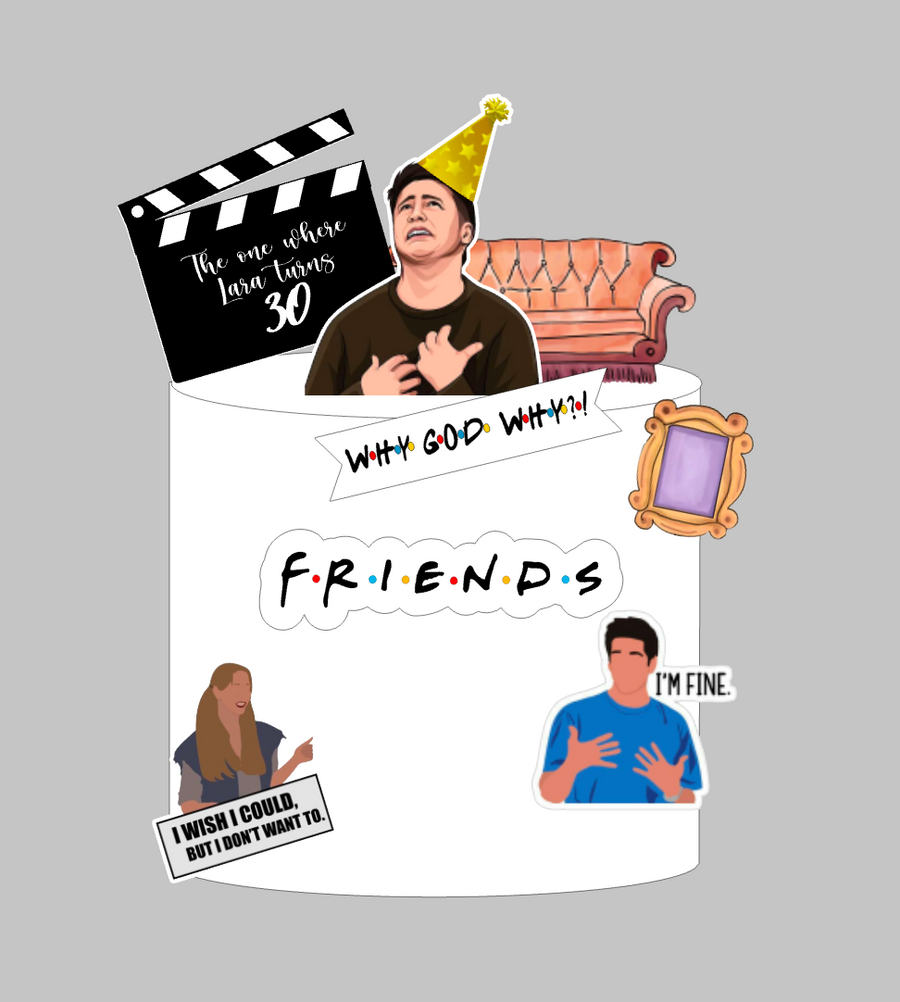 Friends set topera za tortu: papirnati klaper s imenom i brojem 30, Joey s rođendanskom kapicom, kauč, okvir i FRIENDS logo