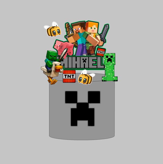 Minecraft set 1: papirnati toper za tortu s imenom, Steve i Alex, Creeper, zombi na pilu, svinjica, pčele i TNT blokovi