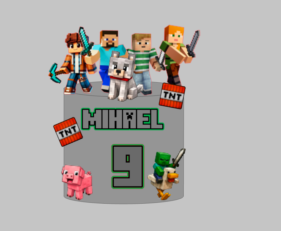 Minecraft set 3: papirnati toper za tortu s imenom i brojem 9, Steve, Alex, vuk, svinjica, zombi na pilu i TNT blokovi