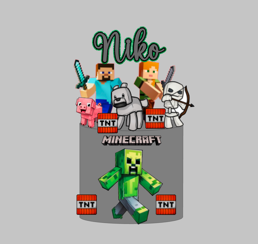 Minecraft set 2: papirnati toper za tortu s imenom, Steve, Alex, vuk, skeleton, svinjica, Creeper i TNT blokovi