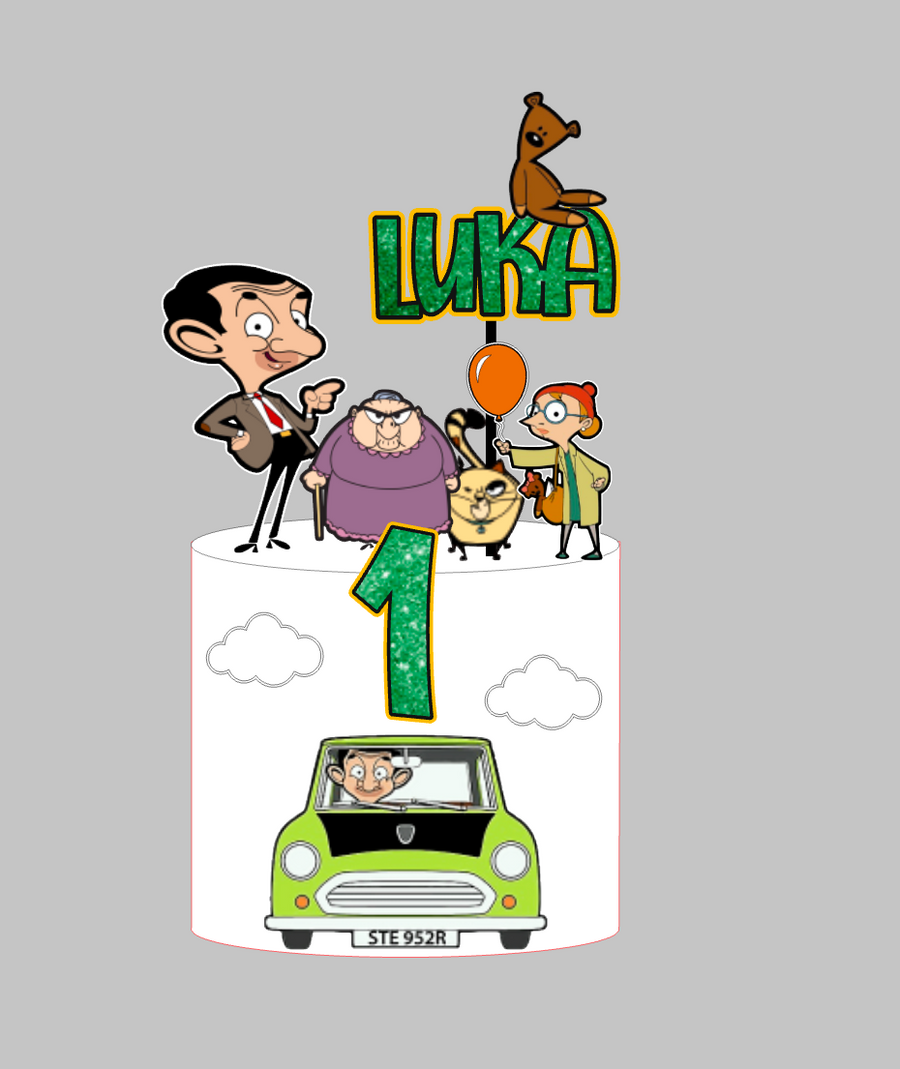 Mr Bean set 1 – toper za tortu s imenom i brojem, Teddy, gospođa Wicket i zeleni Mini