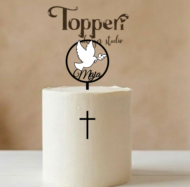 Toper za krizmu s imenom – golubica u krugu s križem