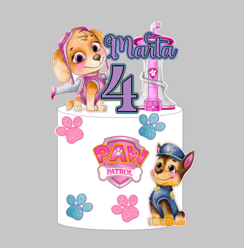 Paw Patrol toper za tortu s imenom Marta i brojem 4, Skye i Chase, ružičasti set – set 2