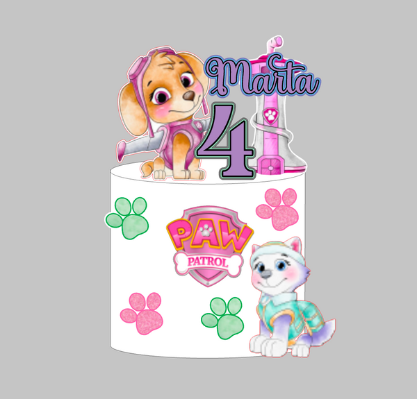Paw Patrol toper za tortu s imenom Marta i brojem 4, Skye i Everest, ružičasti set – set 1