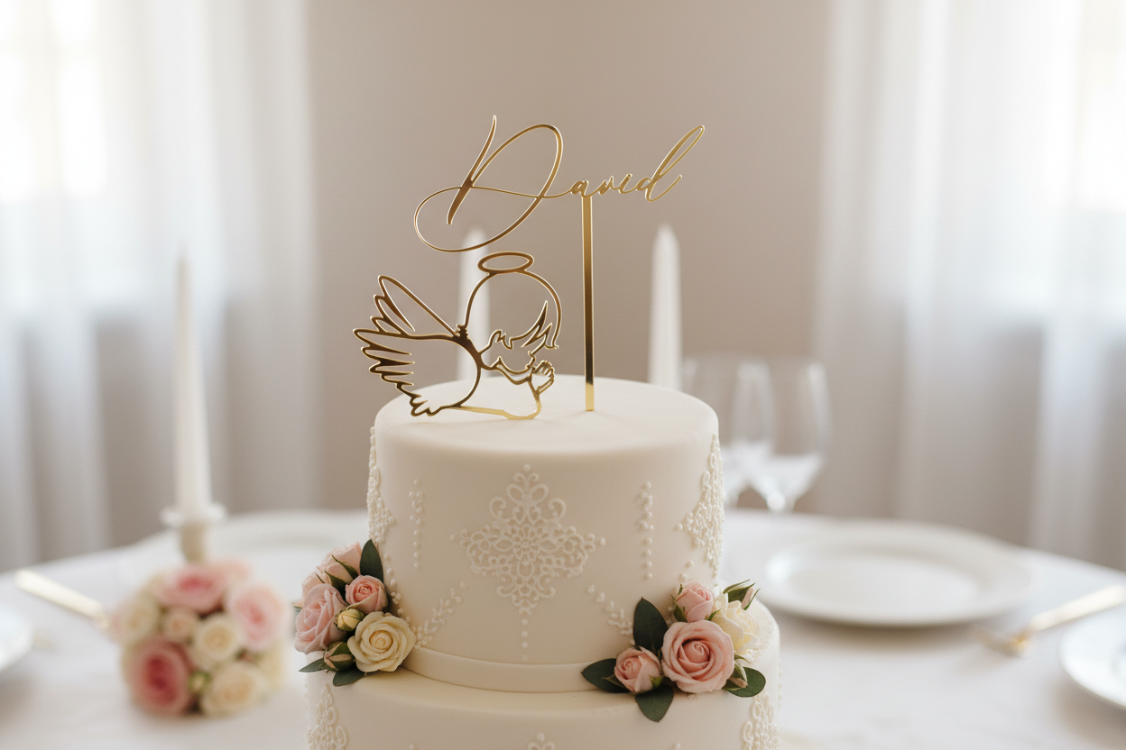 Angel and name toppers side by side