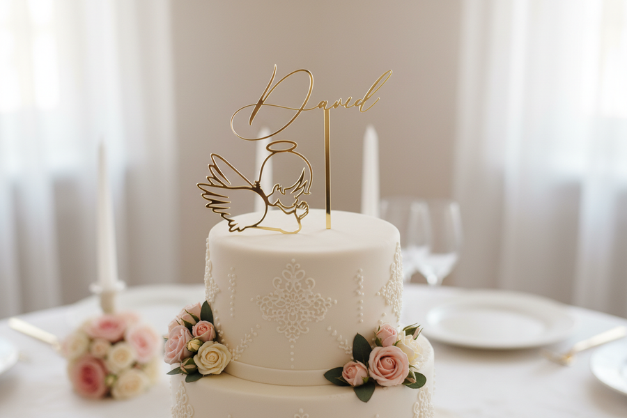 Angel and name toppers side by side