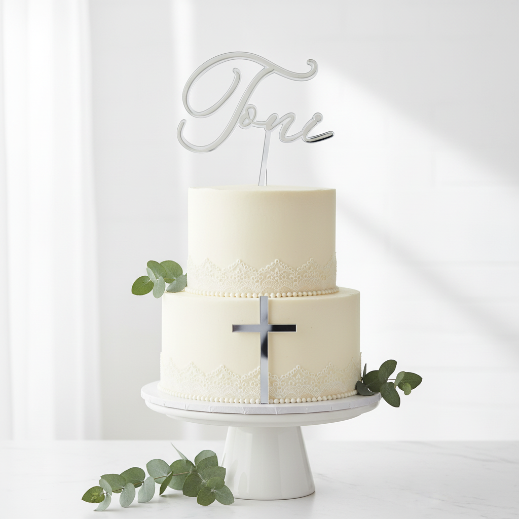 Baptism name and cross set on cake 3