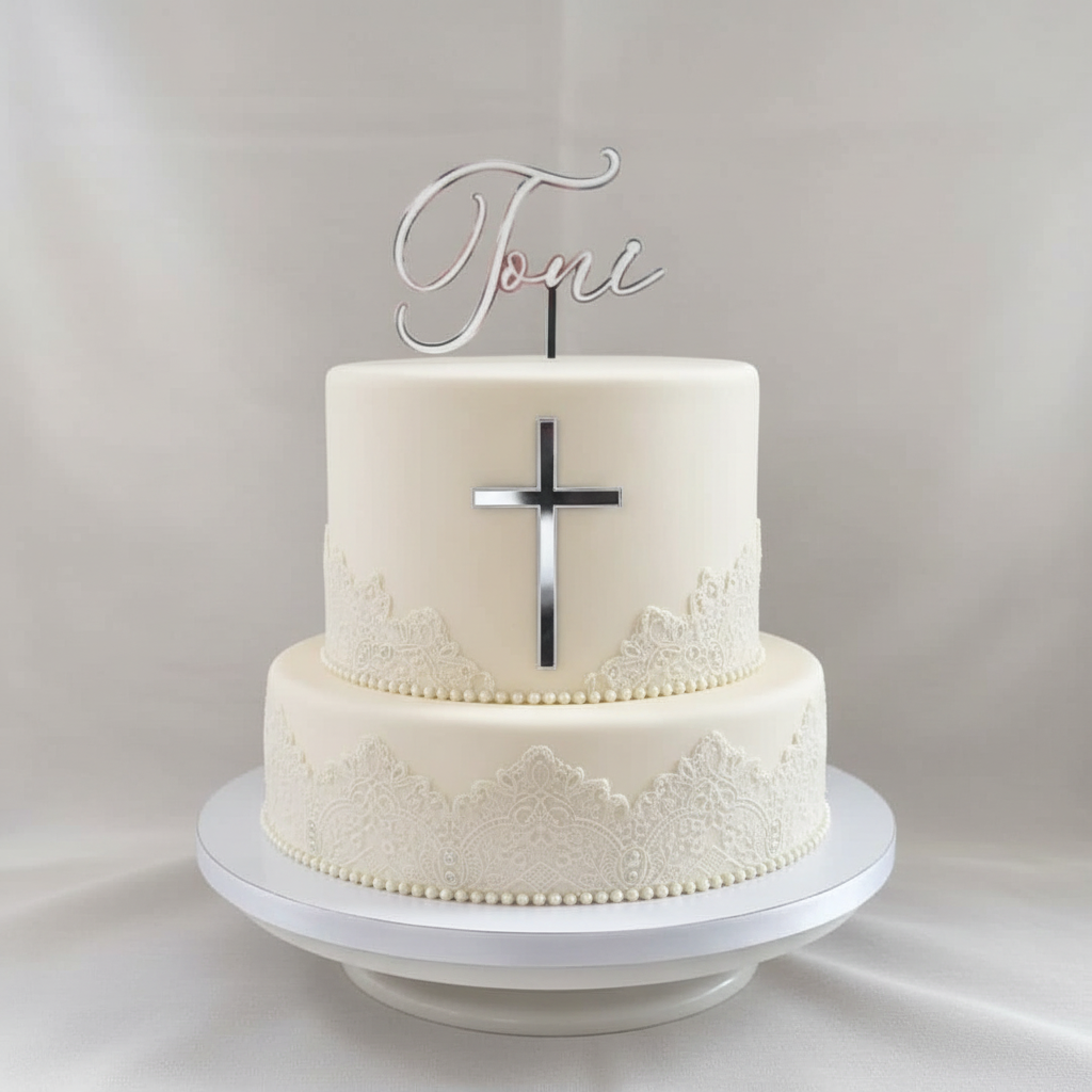 Baptism name and cross set on cake 5