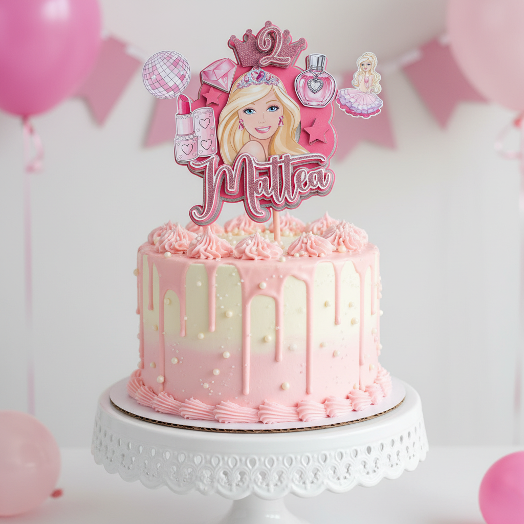 Barbie cake topper on celebration cake