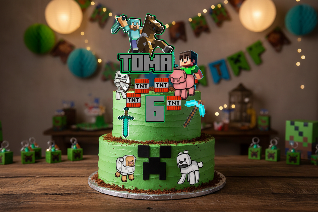 Minecraft cake toppers on cake