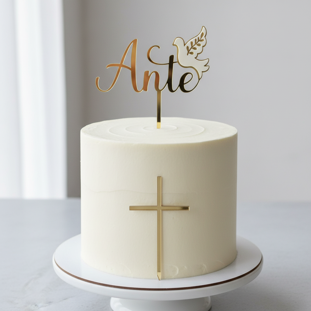 Name on Top and Golden Cross on Front of Cake
