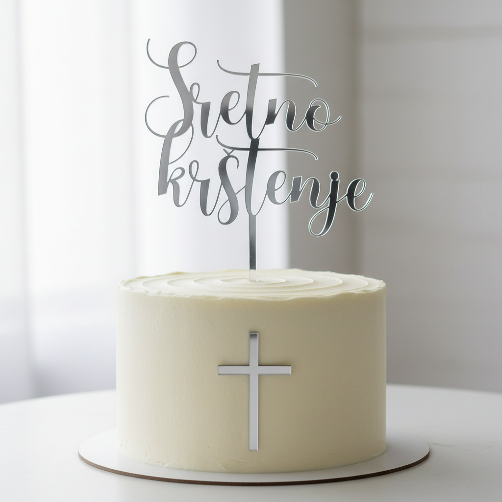 Name Topper on Top with Simple Cross in Middle of Cake