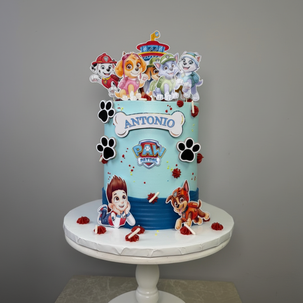 Paw Patrol cake topper on professional cake