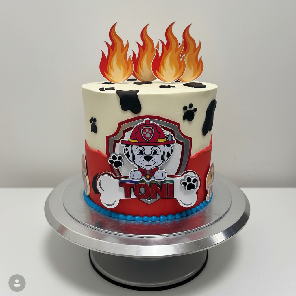 Paw Patrol Marshall cake topper on professional cake