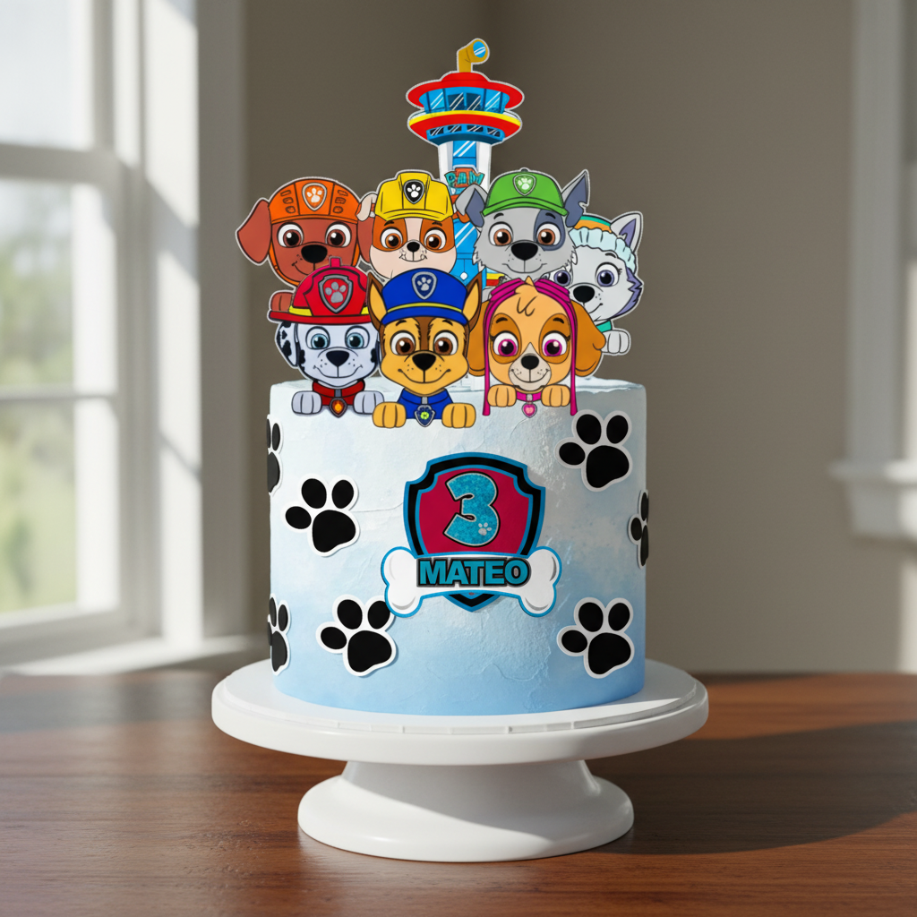 Paw Patrol topper on realistic cake