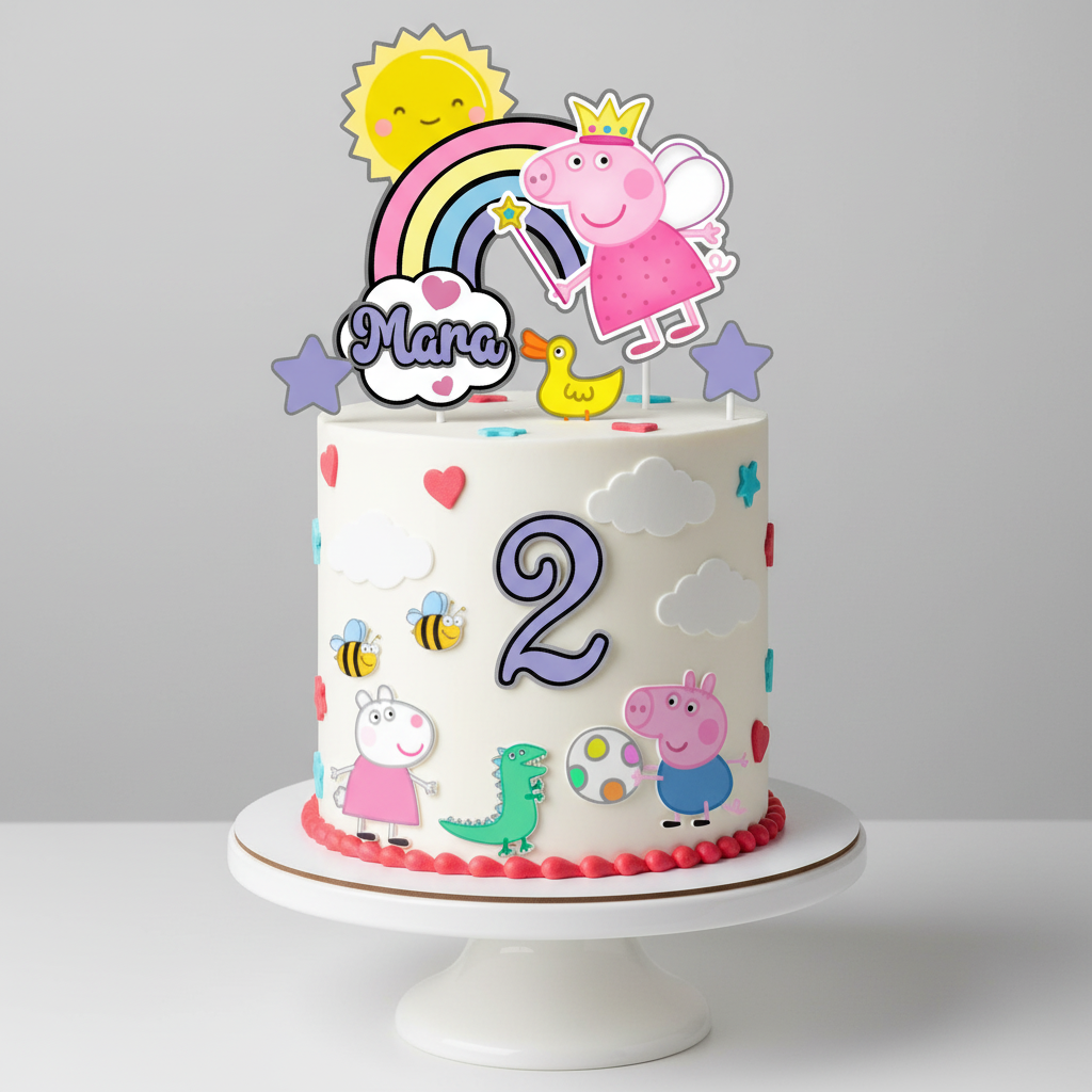 Peppa Pig cake topper on white cake