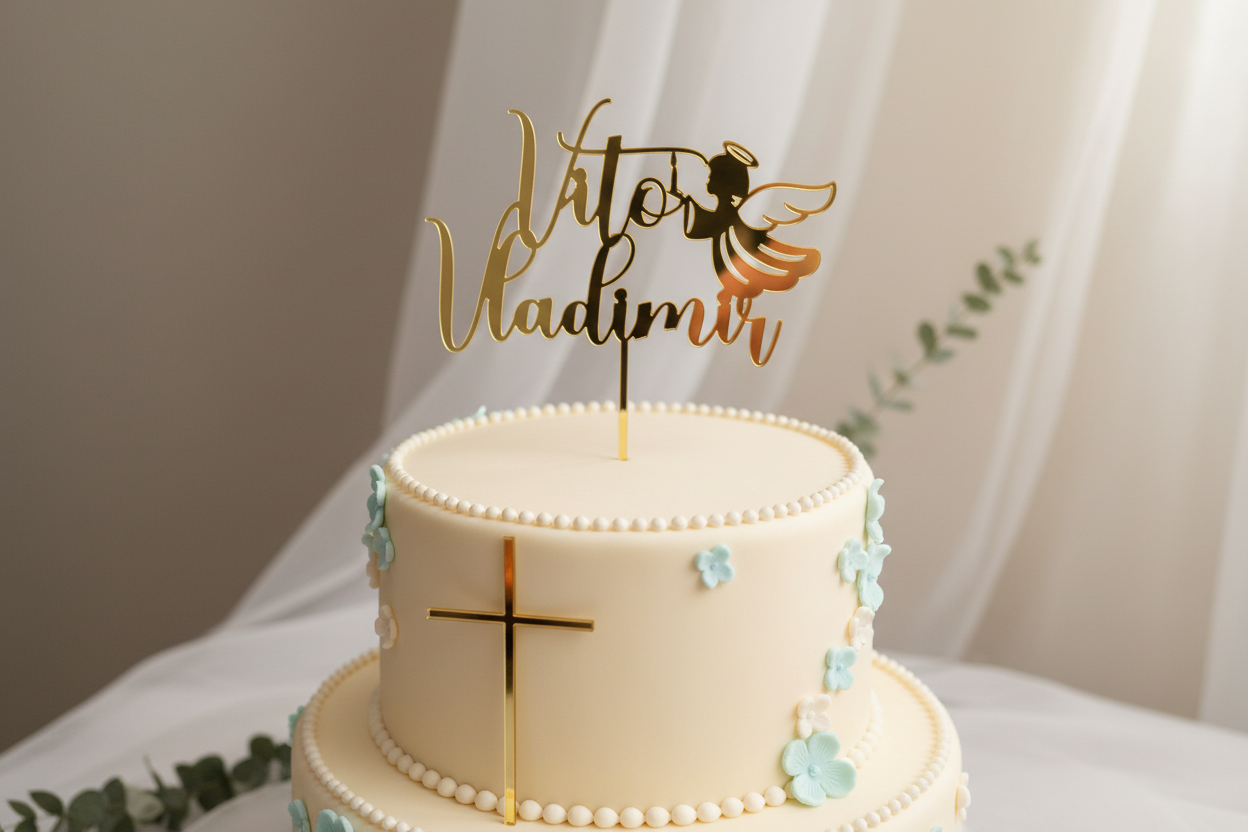 Personalized topper with cross on elegant cake