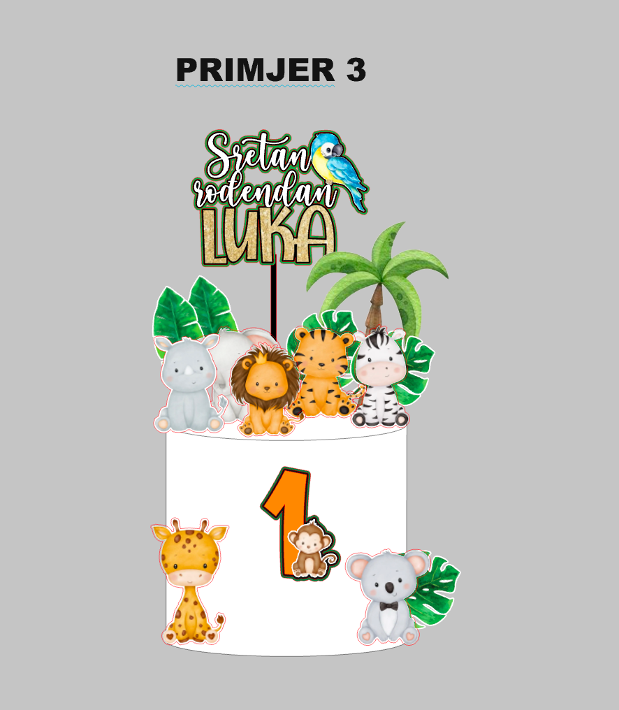 Dječji safari cake topper set s lavom, žirafom i drugim životinjama