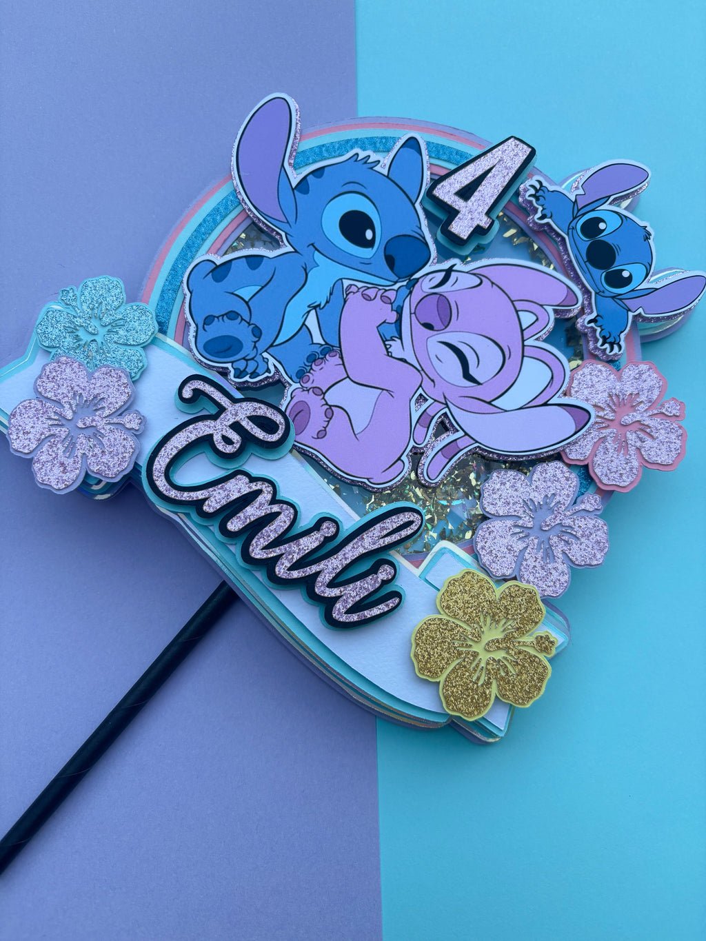 Stitch & Angel Shaker premium Toper za Tortu – Personalizirana Dekoracija za Rođendan