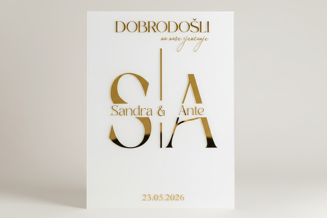personalizirana tabla dobrodoslice za vjencanje 60x40 cm zlatni akril i vinil